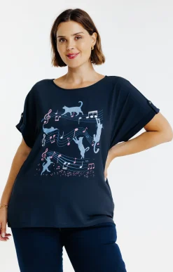 Toscane Boutique Tee-shirt imprimé chats bi-matière| Tee-shirts