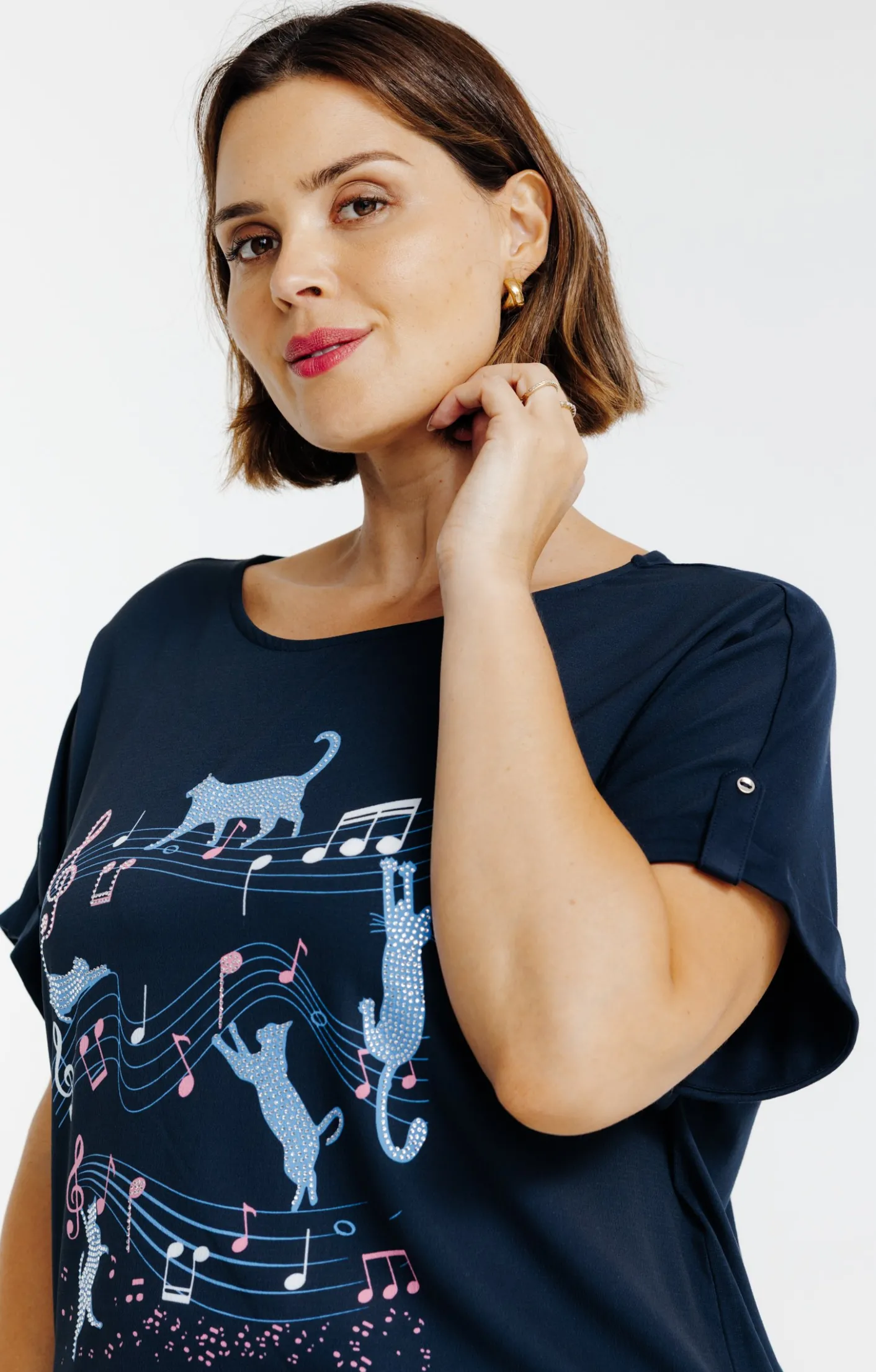 Toscane Boutique Tee-shirt imprimé chats bi-matière| Tee-shirts