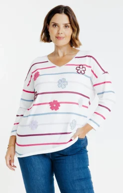 Toscane Boutique Tee-shirt maille chaude rayé et fleurs| Tee-shirts