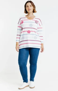Toscane Boutique Tee-shirt maille chaude rayé et fleurs| Tee-shirts
