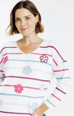 Toscane Boutique Tee-shirt maille chaude rayé et fleurs| Tee-shirts