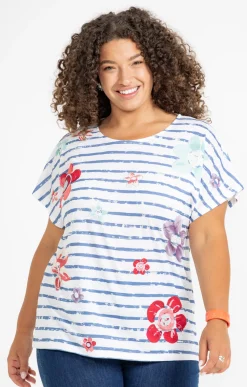 Toscane Boutique Tee-shirt rayé imprimé fleurs| Tee-shirts